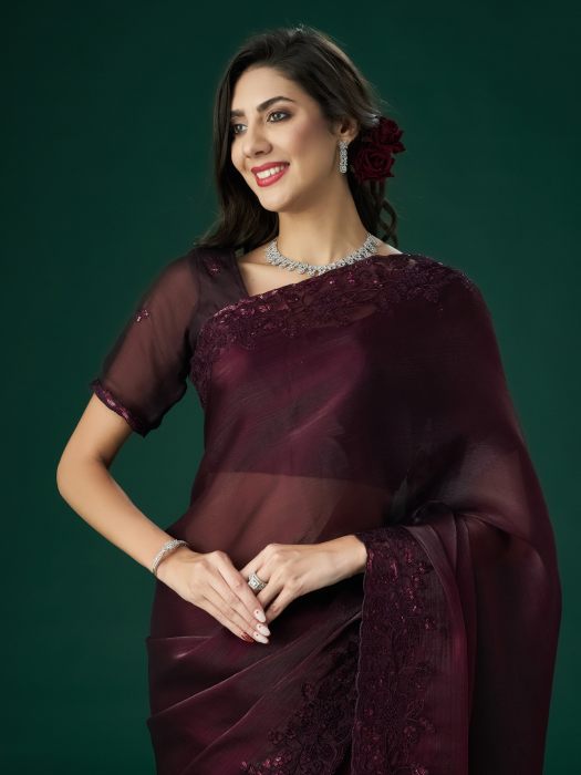 Wine Floral Embroidered Poly Chiffon Saree wine sarees