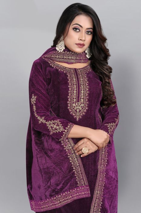 Wine Floral Yoke Design Embroidered Work Sequinned Semi Stitched Kurta With Plazzo And Dupatta velvet suits