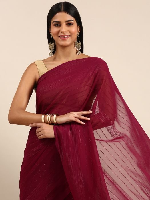 Wine Striped Embroidered Saree wine sarees