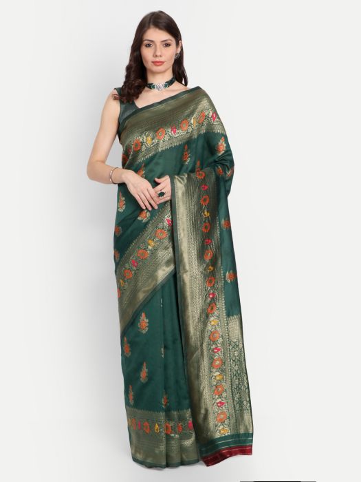 Women Green   Gold Toned Woven Design Silk Blend Saree printed saree