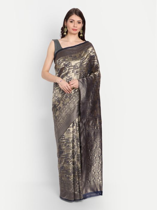 Women Navy Blue   Gold Toned Woven Design Zari Silk Blend Saree printed saree