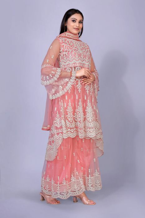  Peach Ethnic Motifs Embroidered Work Panelled Thread Work Kurta with Palazzos   With Dupatta anarkali suits
