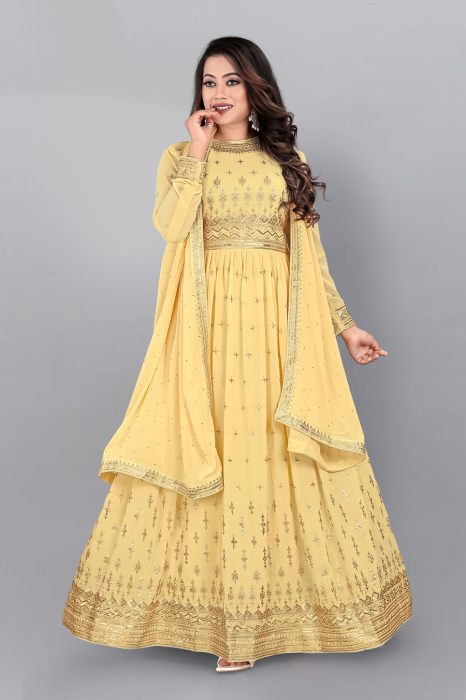  Yellow Ethnic Motifs Floral Embroidered Work Semi Stitched Kurta With Plazzo And Dupatta anarkali suits