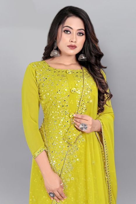 Yellow Floral Embroidered Mirror Work Semi Stitched Kurta With Plazzo And Dupatta semi stitched