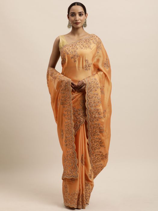 Yellow And  Gold Toned Floral Embroidered Art Silk Saree yellow sarees