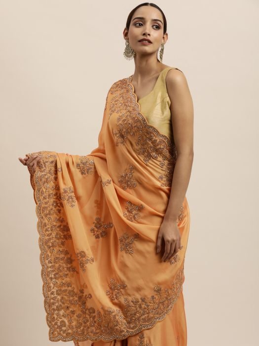 Yellow And  Gold Toned Floral Embroidered Art Silk Saree embroidered saree