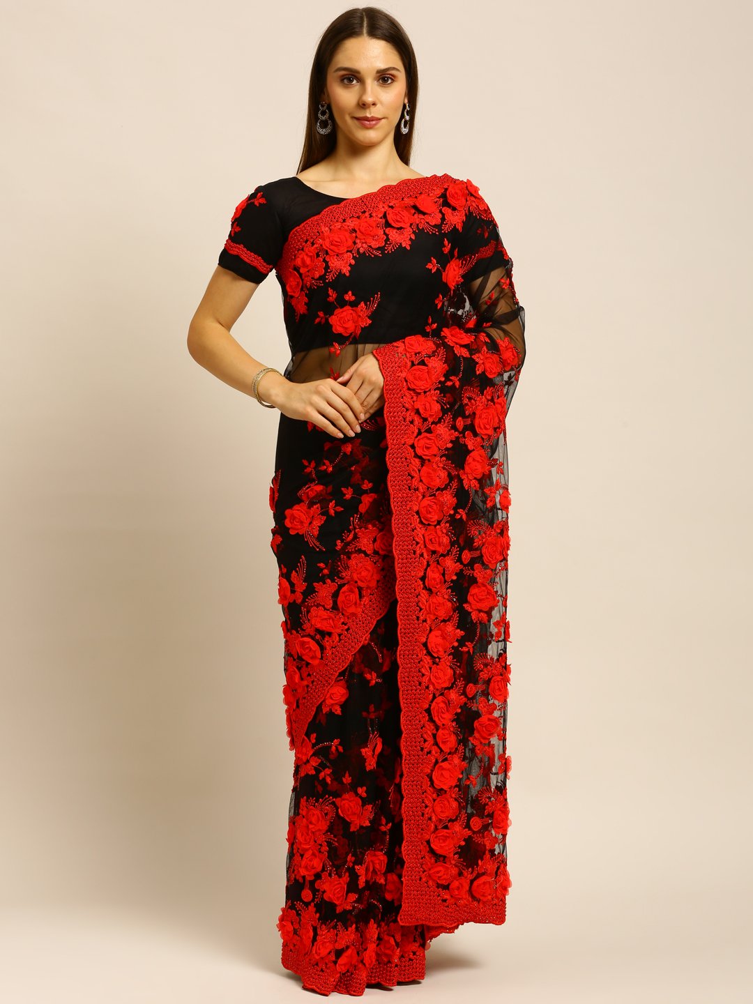 Traditionl Applique Net Embroidered Saree With Blouse