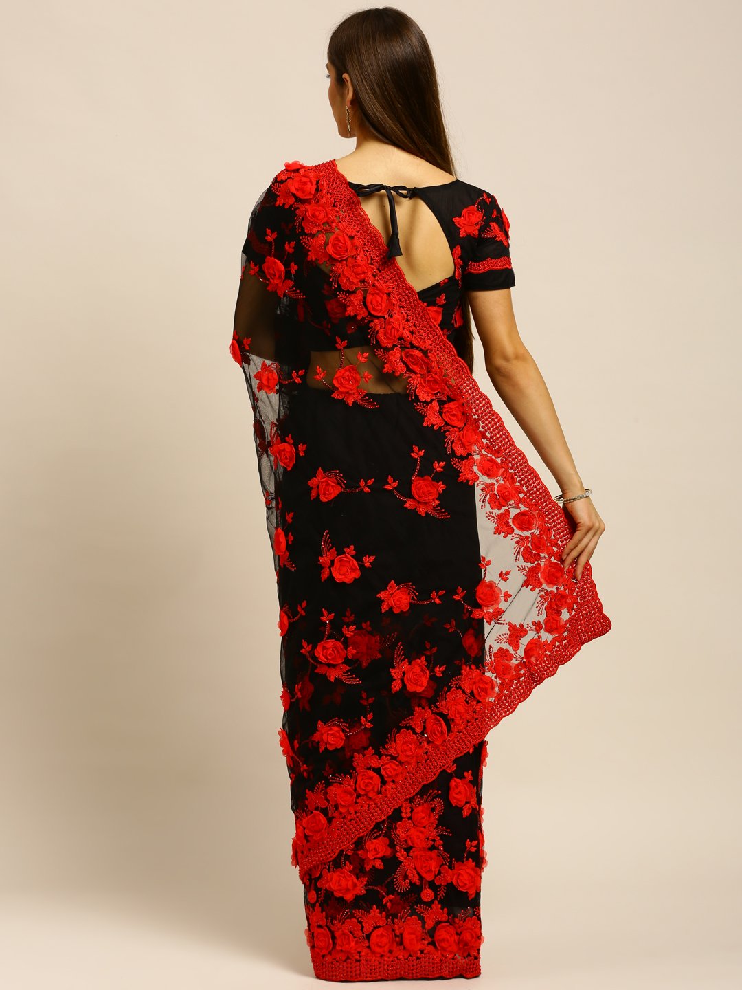 Traditionl Applique Net Embroidered Saree With Blouse